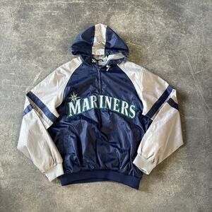 Vintage Seattle Mariners Jacket Mens L Blue Hooded 1/4 Zip Pullover Windbreaker